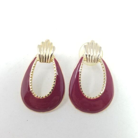 Vintage Red Enamel Door Knocker Style Stud Earrings, Gold Tone Setting, Retro - Picture 5 of 6